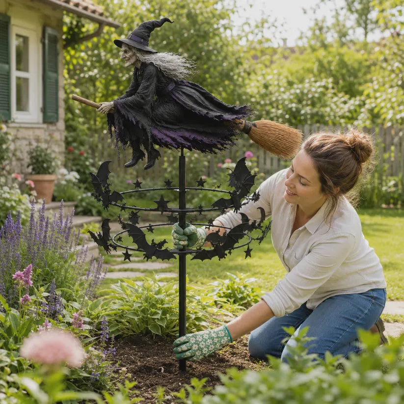 Flying Witch Halloween Wind Spinner – ✨ A Little Magic for Your Garden.