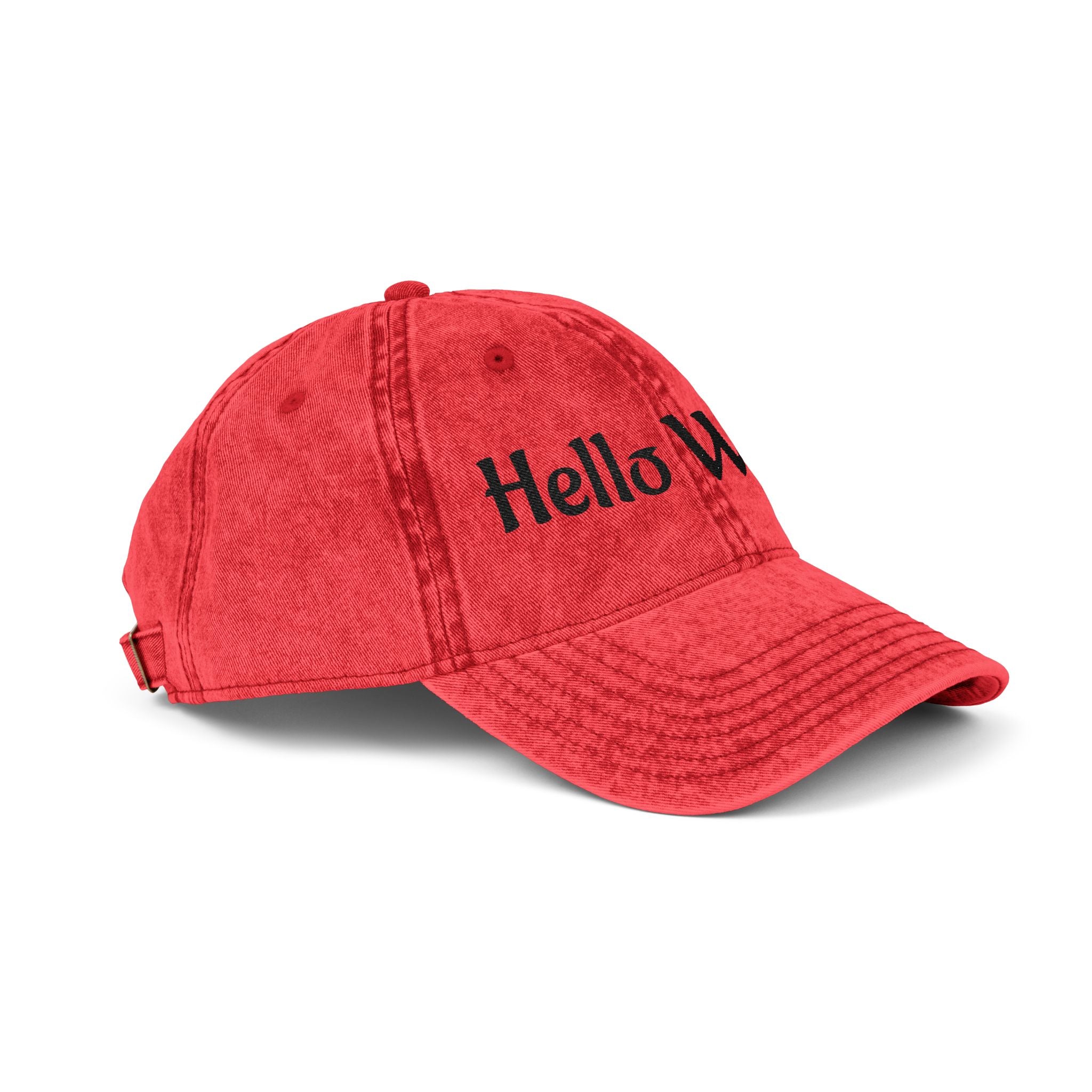 Hello World Vintage Embroidered Cap — Retro Red Baseball Hat