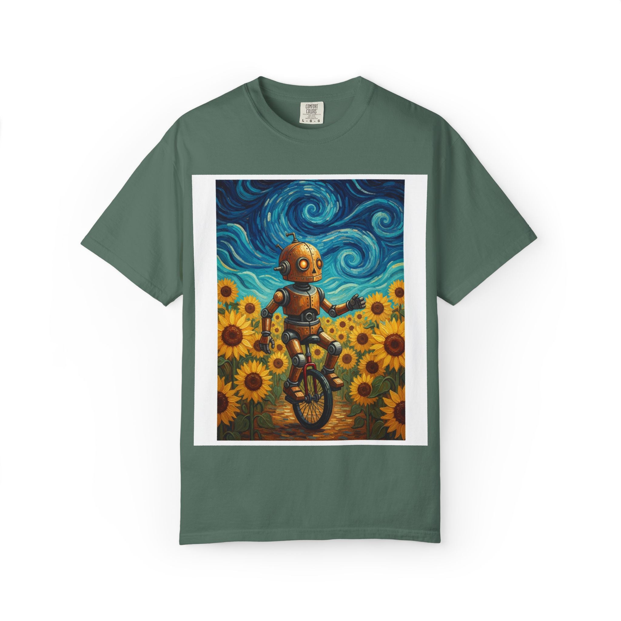 Robot in Sunflowers T-Shirt — Whimsical Vintage Robot Unicycle Art Tee