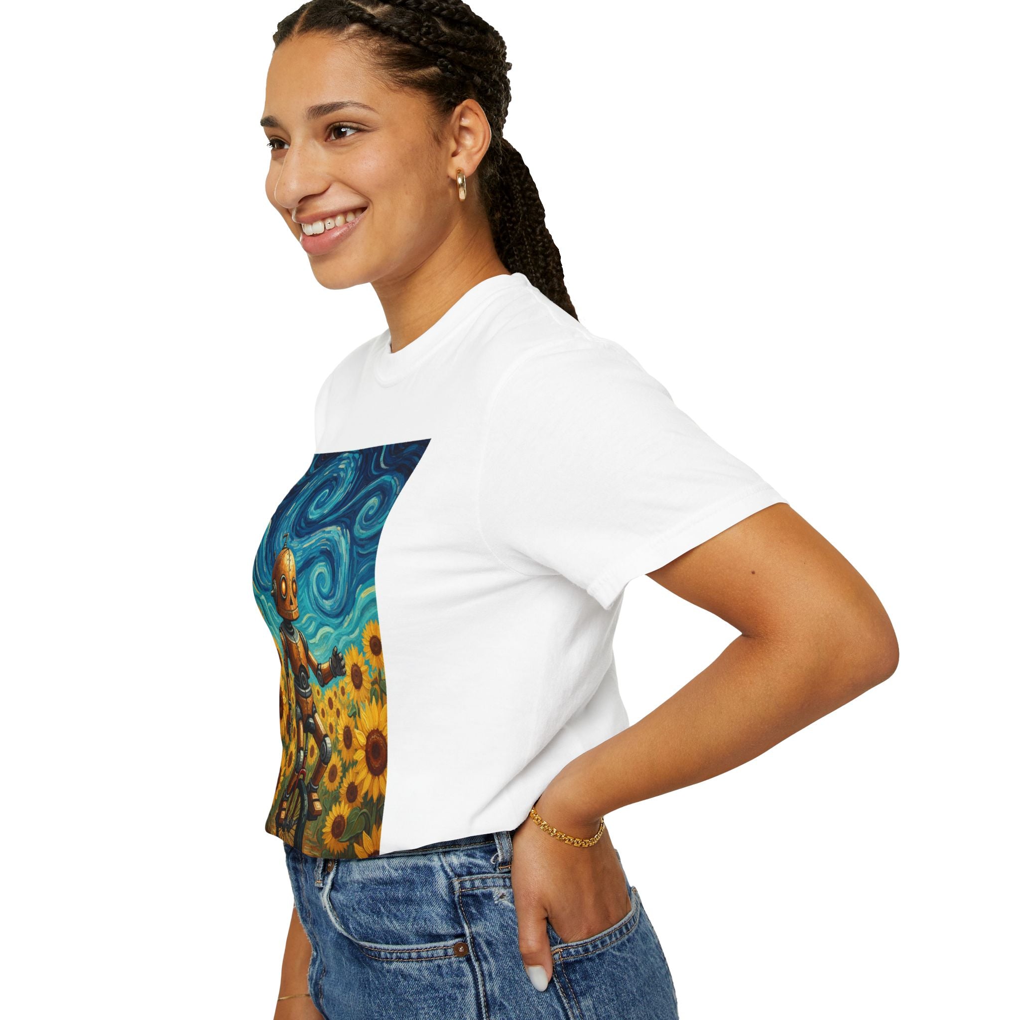 Robot in Sunflowers T-Shirt — Whimsical Vintage Robot Unicycle Art Tee