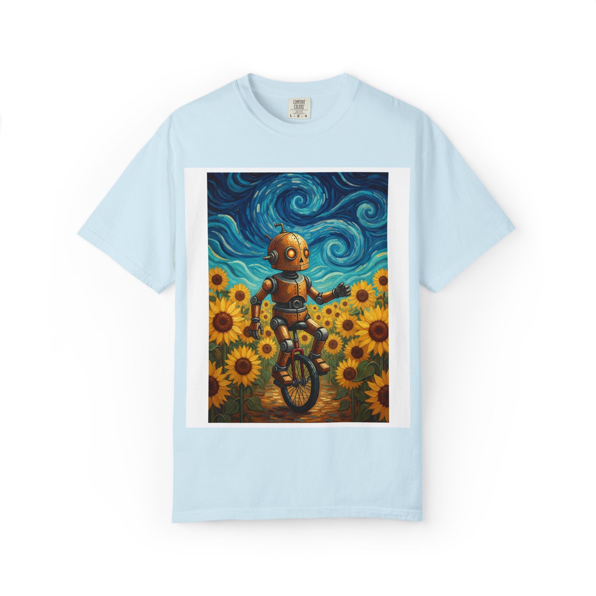 Robot in Sunflowers T-Shirt — Whimsical Vintage Robot Unicycle Art Tee