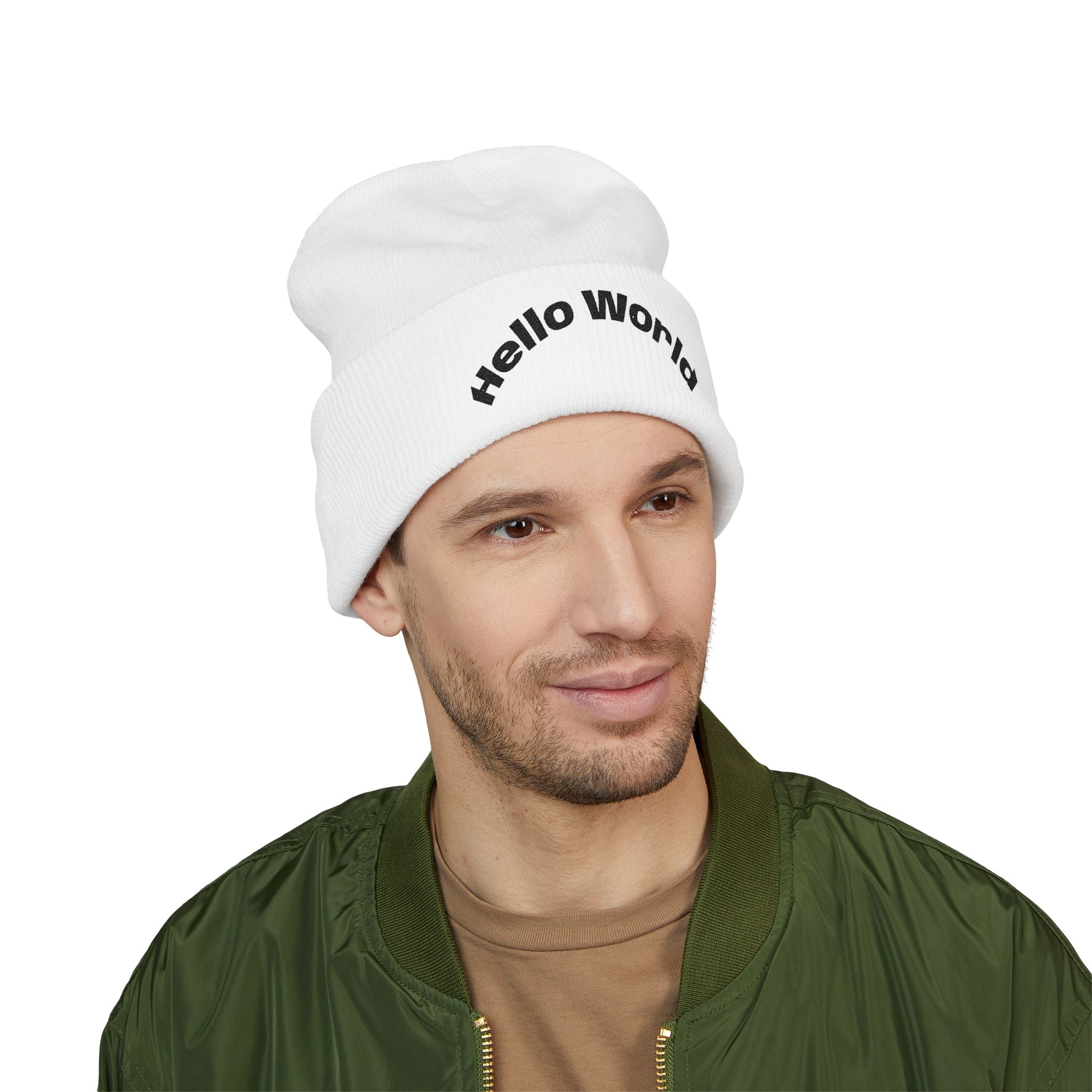 Hello World Embroidered Beanie — Classic Cuffed Knit Hat