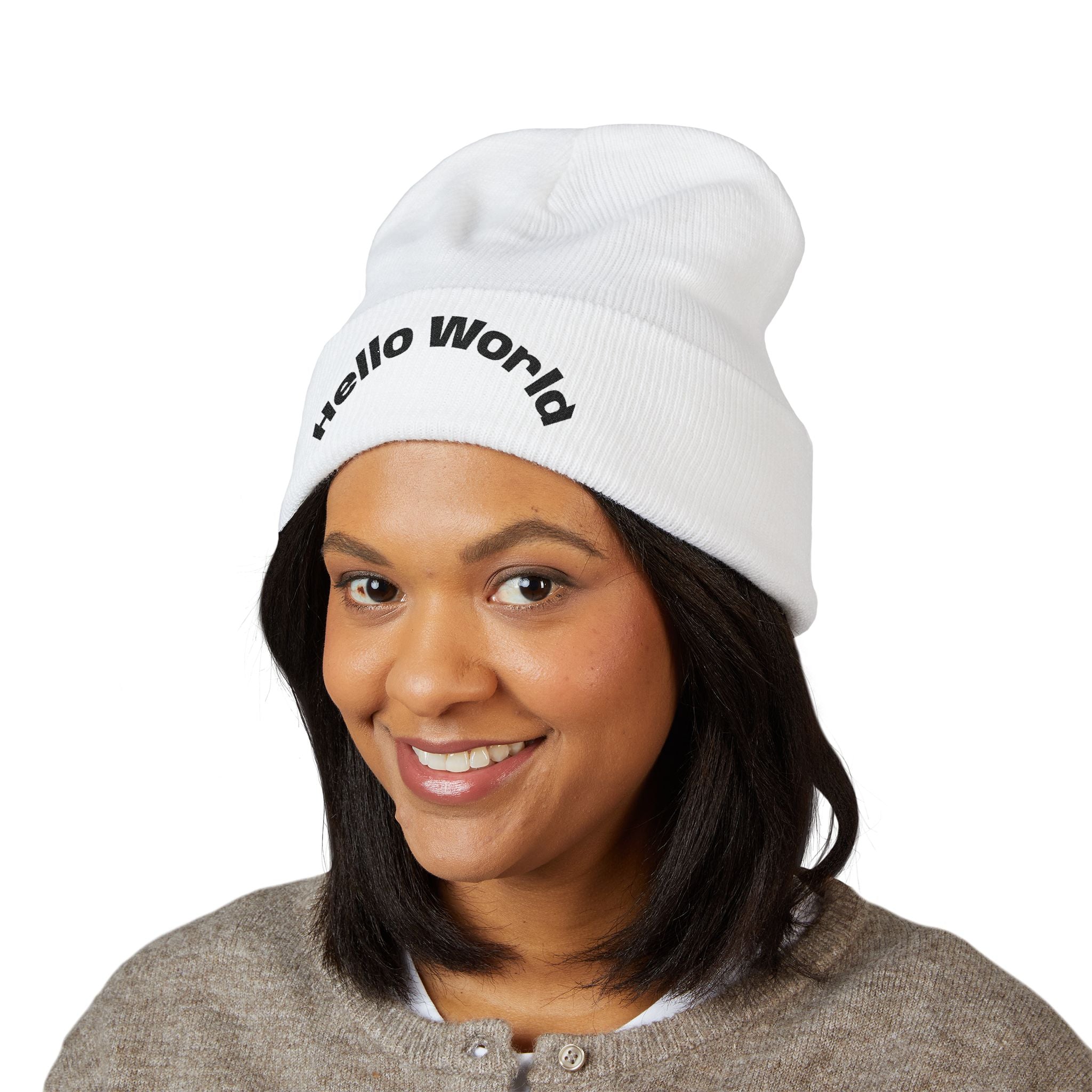 Hello World Embroidered Beanie — Classic Cuffed Knit Hat