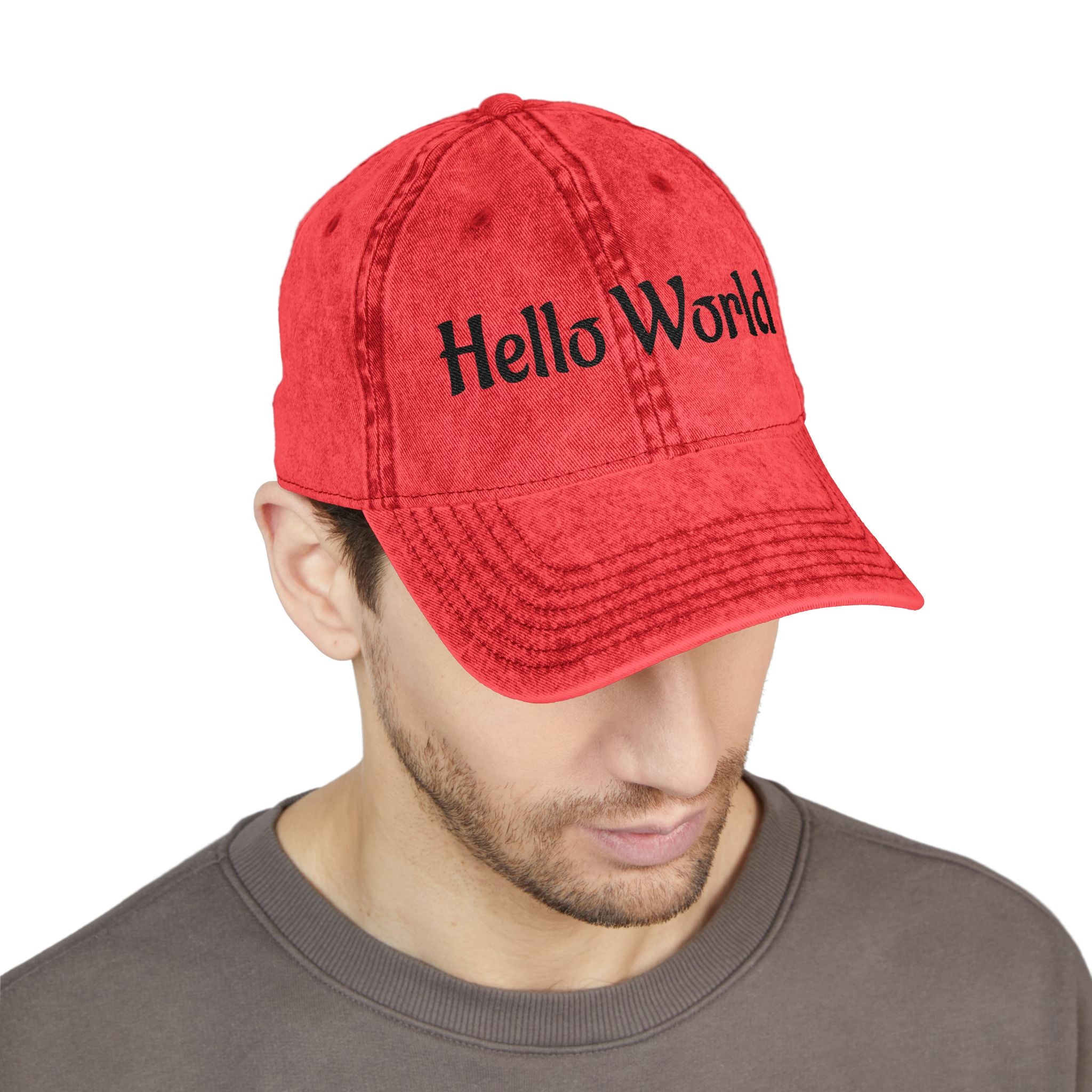 Hello World Vintage Embroidered Cap — Retro Red Baseball Hat