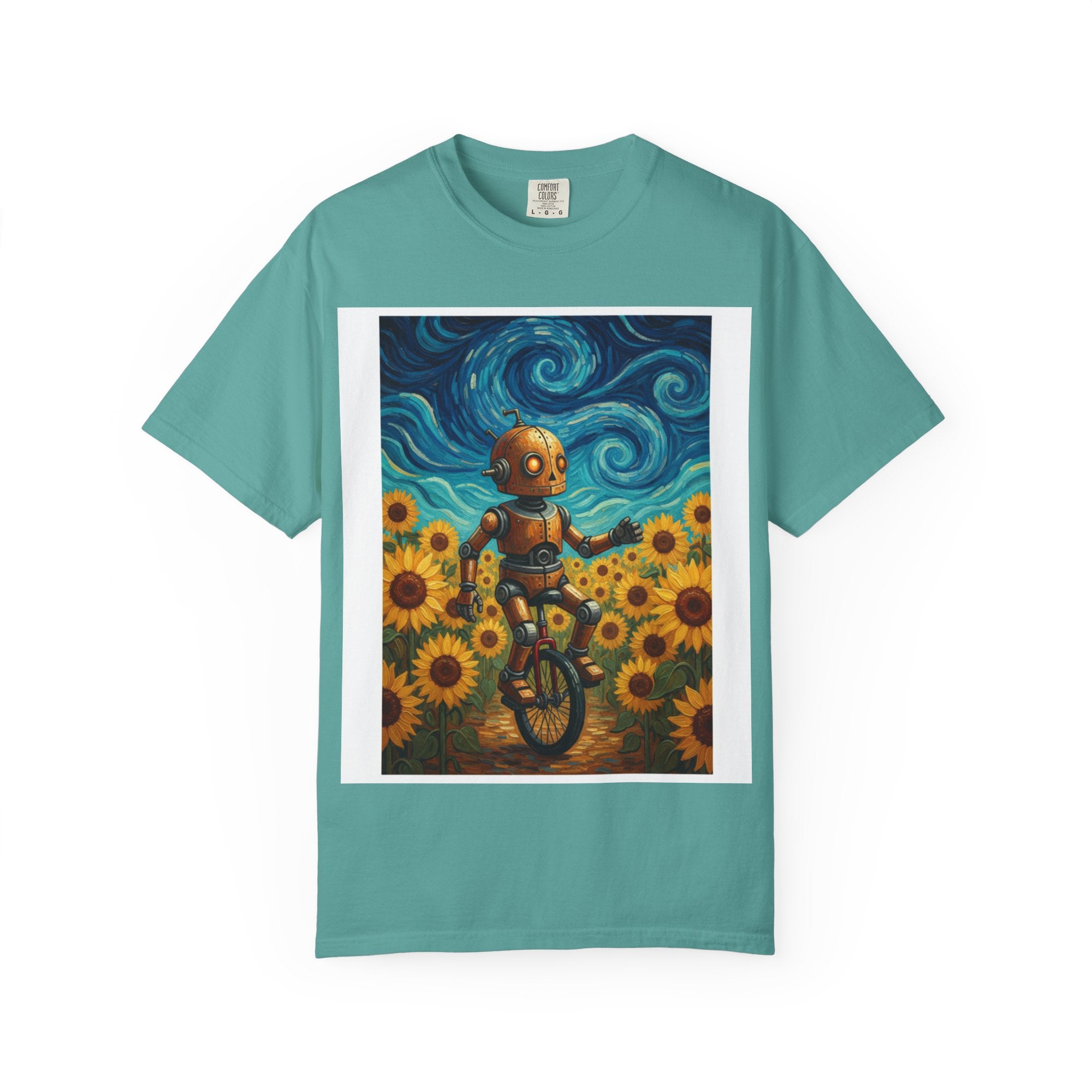 Robot in Sunflowers T-Shirt — Whimsical Vintage Robot Unicycle Art Tee