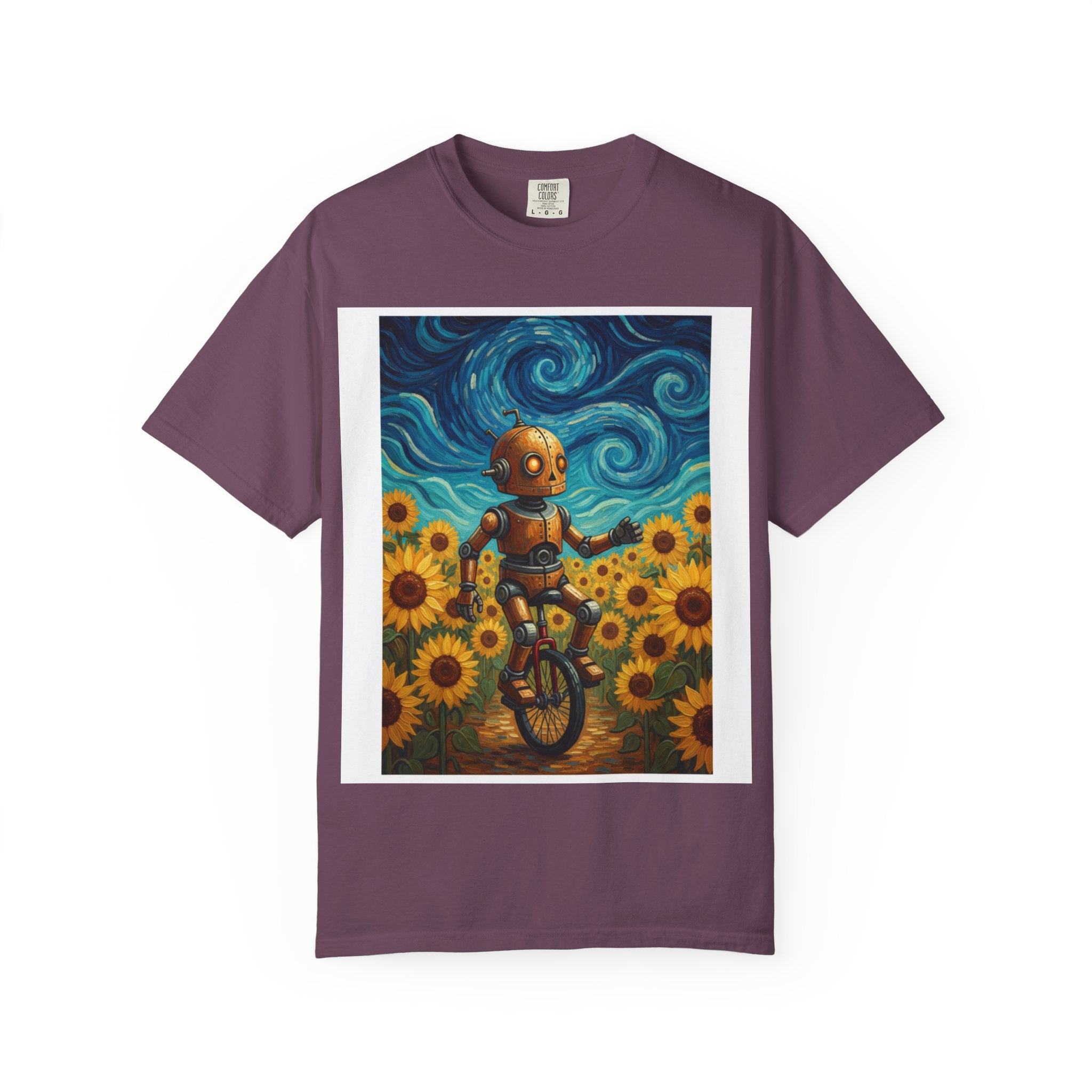 Robot in Sunflowers T-Shirt — Whimsical Vintage Robot Unicycle Art Tee