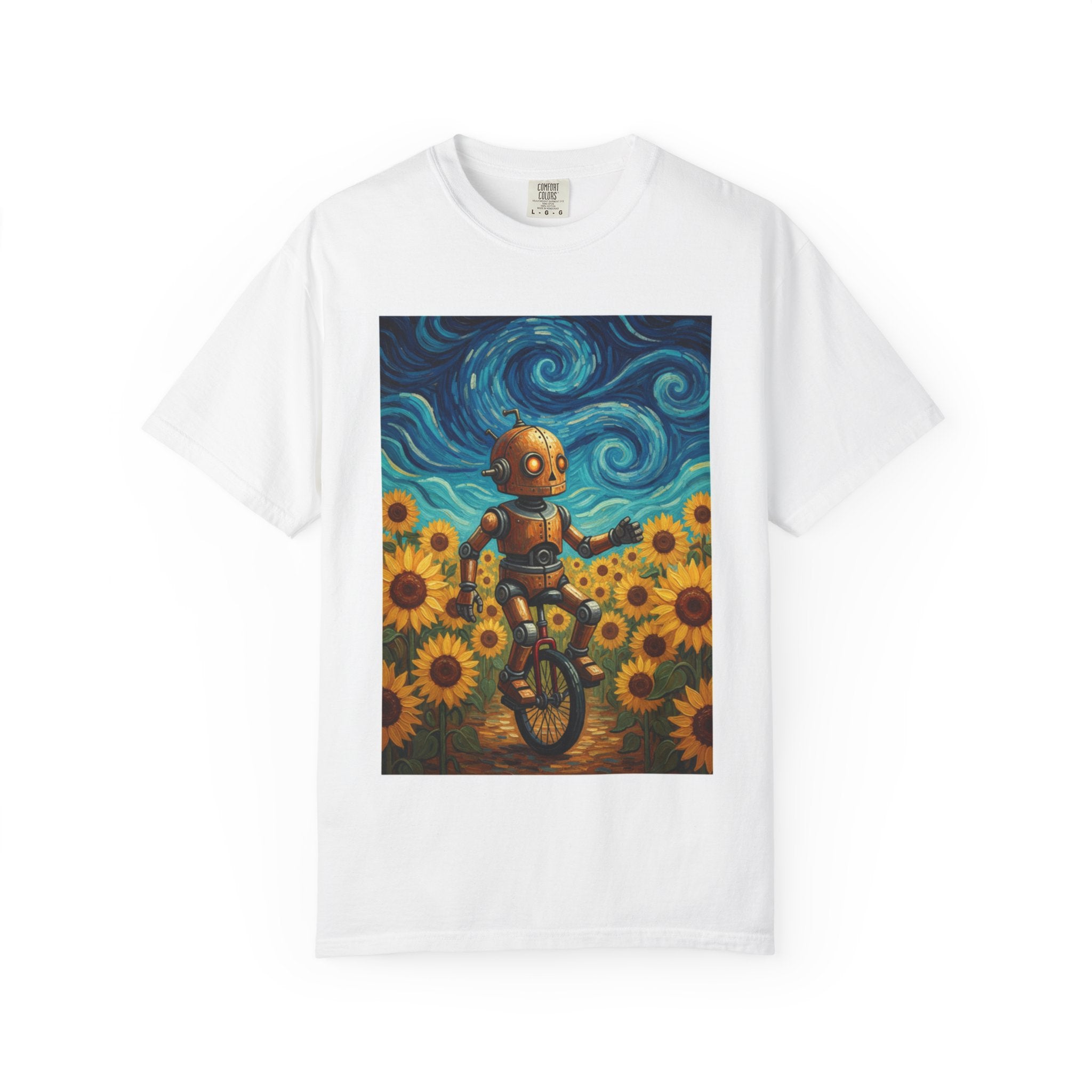 Robot in Sunflowers T-Shirt — Whimsical Vintage Robot Unicycle Art Tee