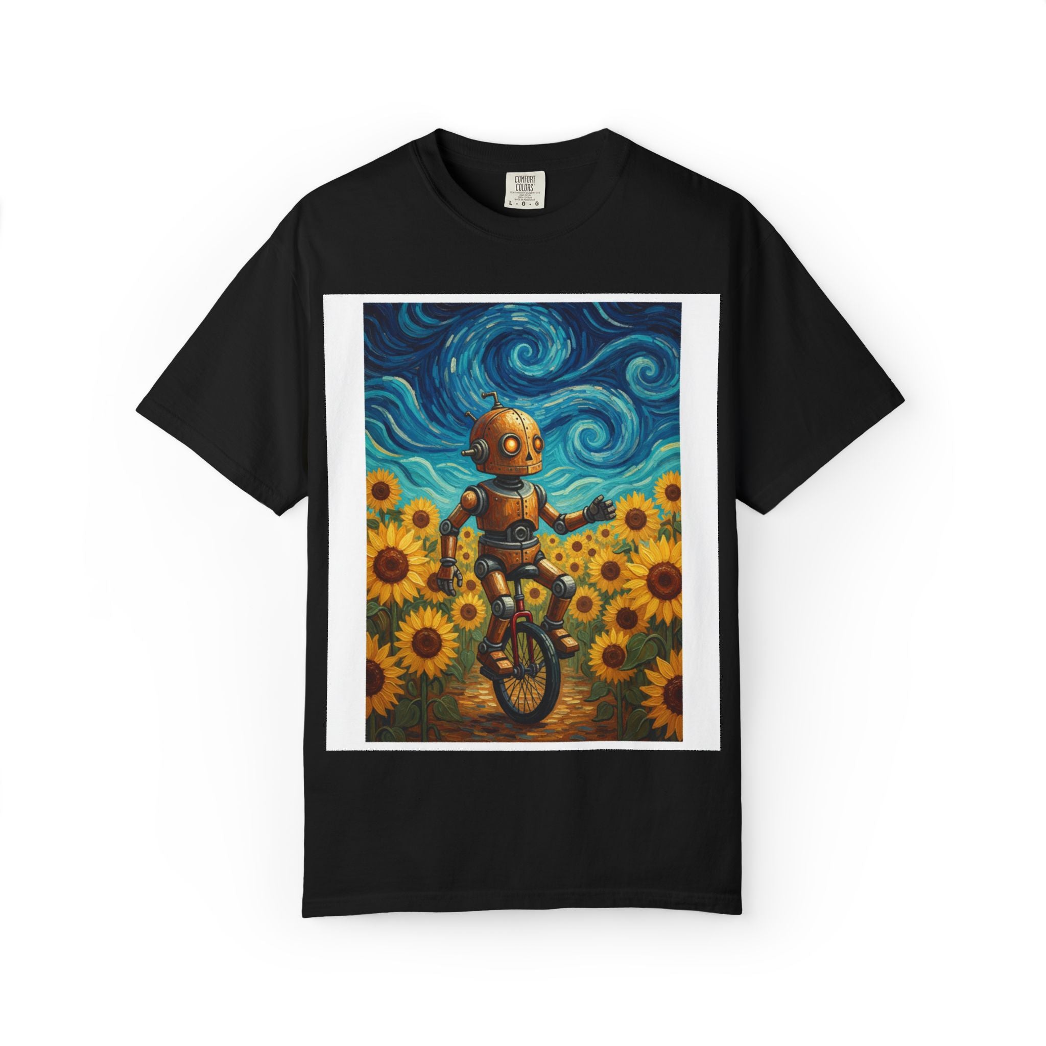 Robot in Sunflowers T-Shirt — Whimsical Vintage Robot Unicycle Art Tee