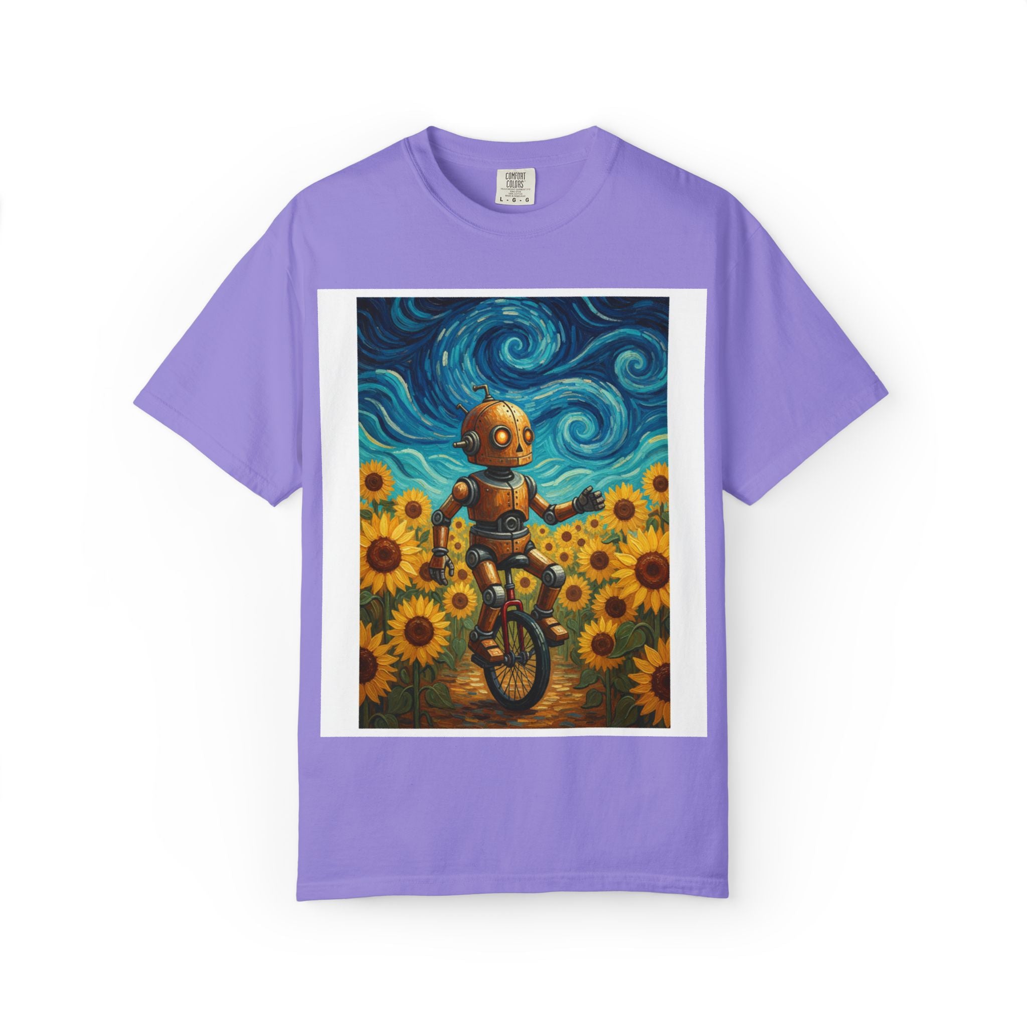 Robot in Sunflowers T-Shirt — Whimsical Vintage Robot Unicycle Art Tee