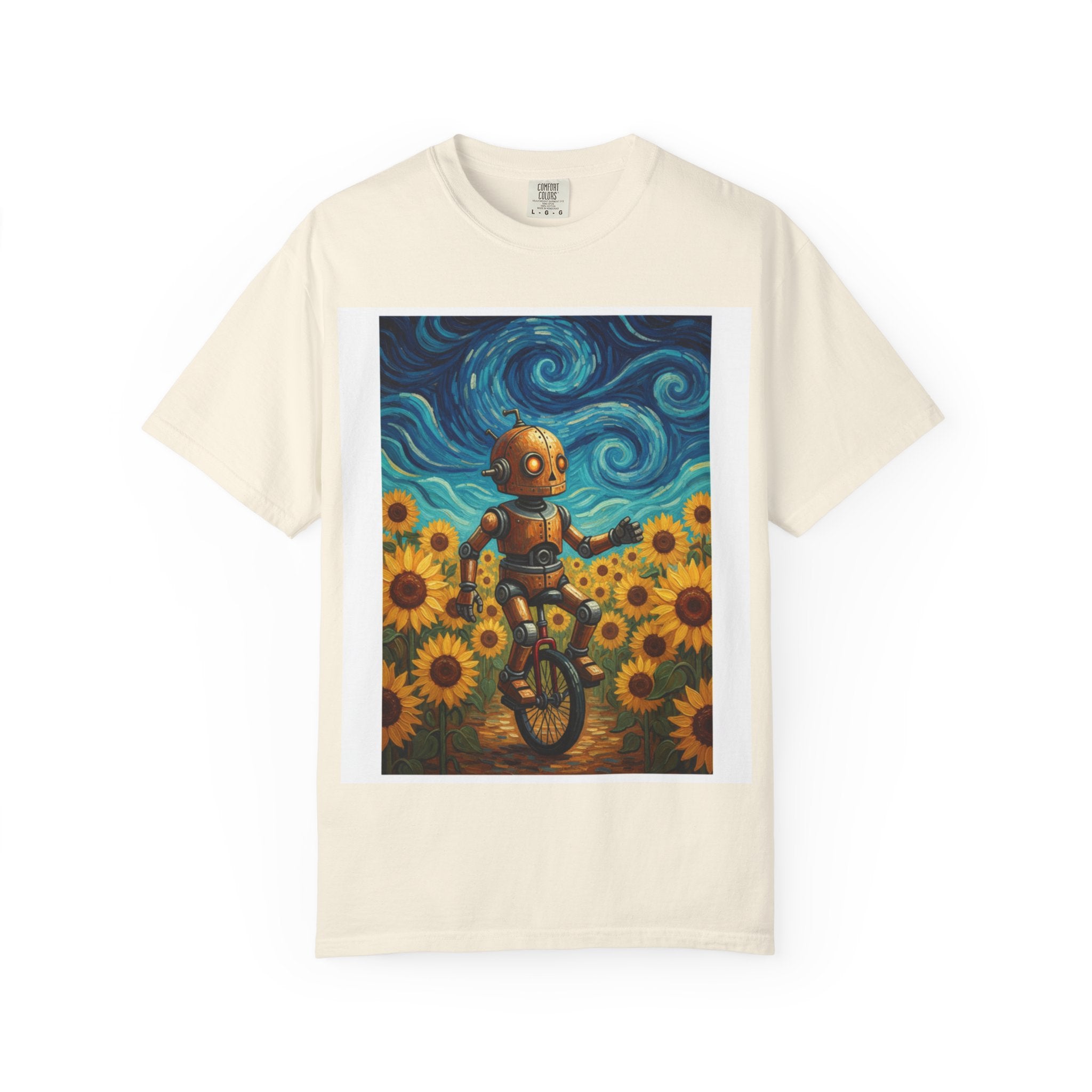 Robot in Sunflowers T-Shirt — Whimsical Vintage Robot Unicycle Art Tee