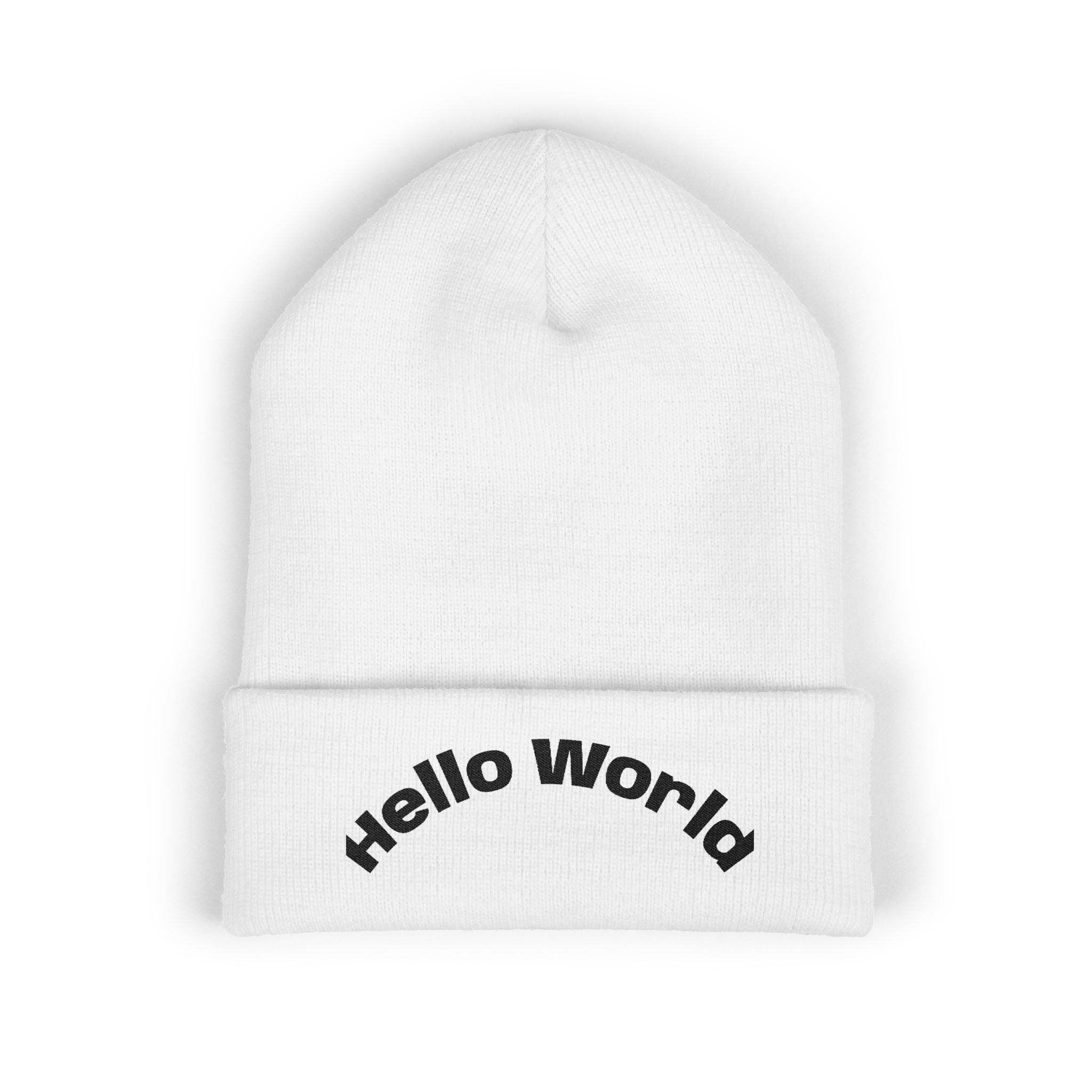 Hello World Embroidered Beanie — Classic Cuffed Knit Hat