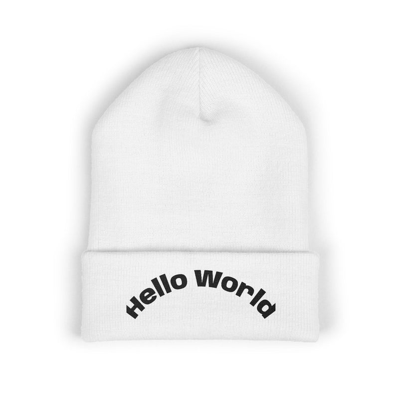 Hello World Embroidered Beanie — Classic Cuffed Knit Hat