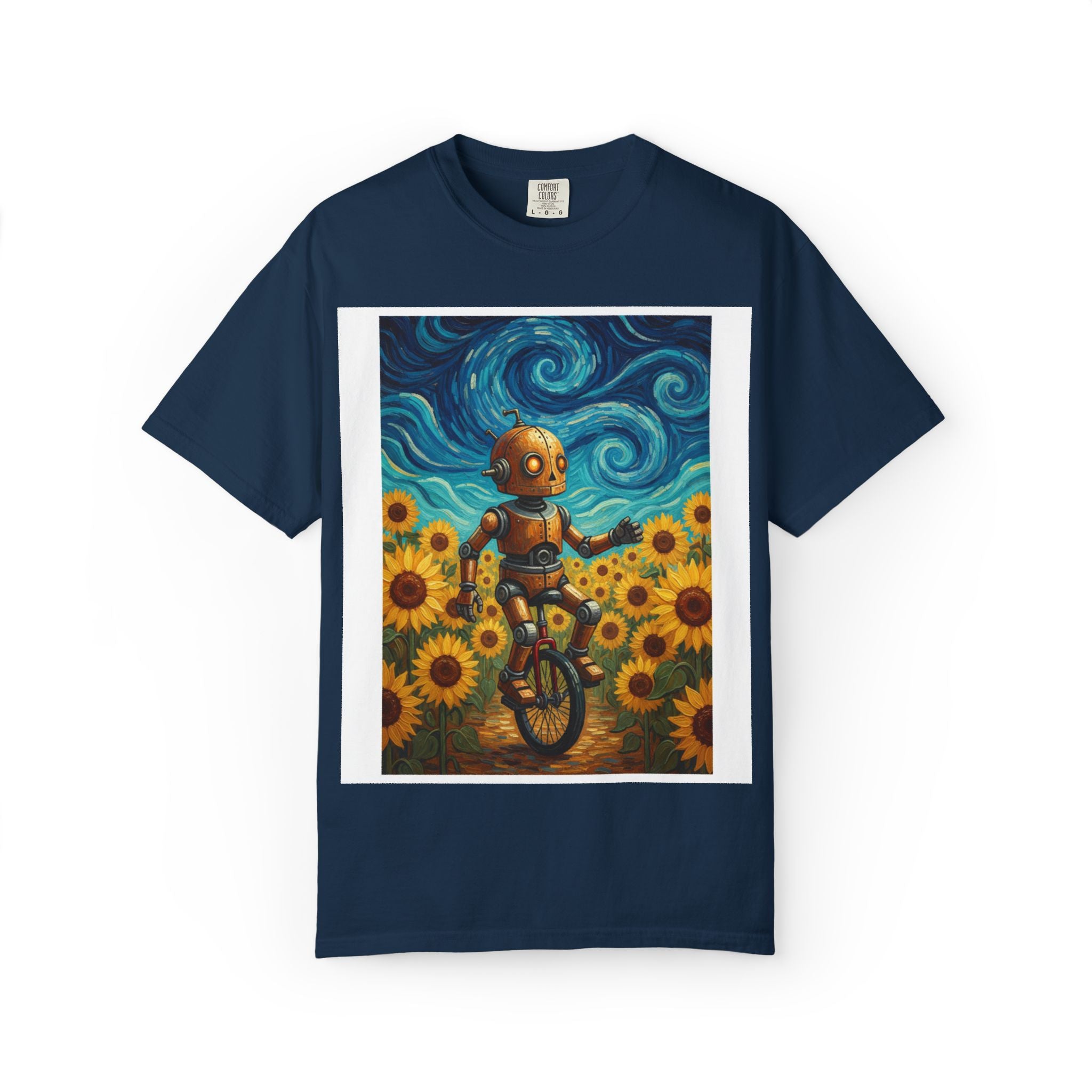 Robot in Sunflowers T-Shirt — Whimsical Vintage Robot Unicycle Art Tee