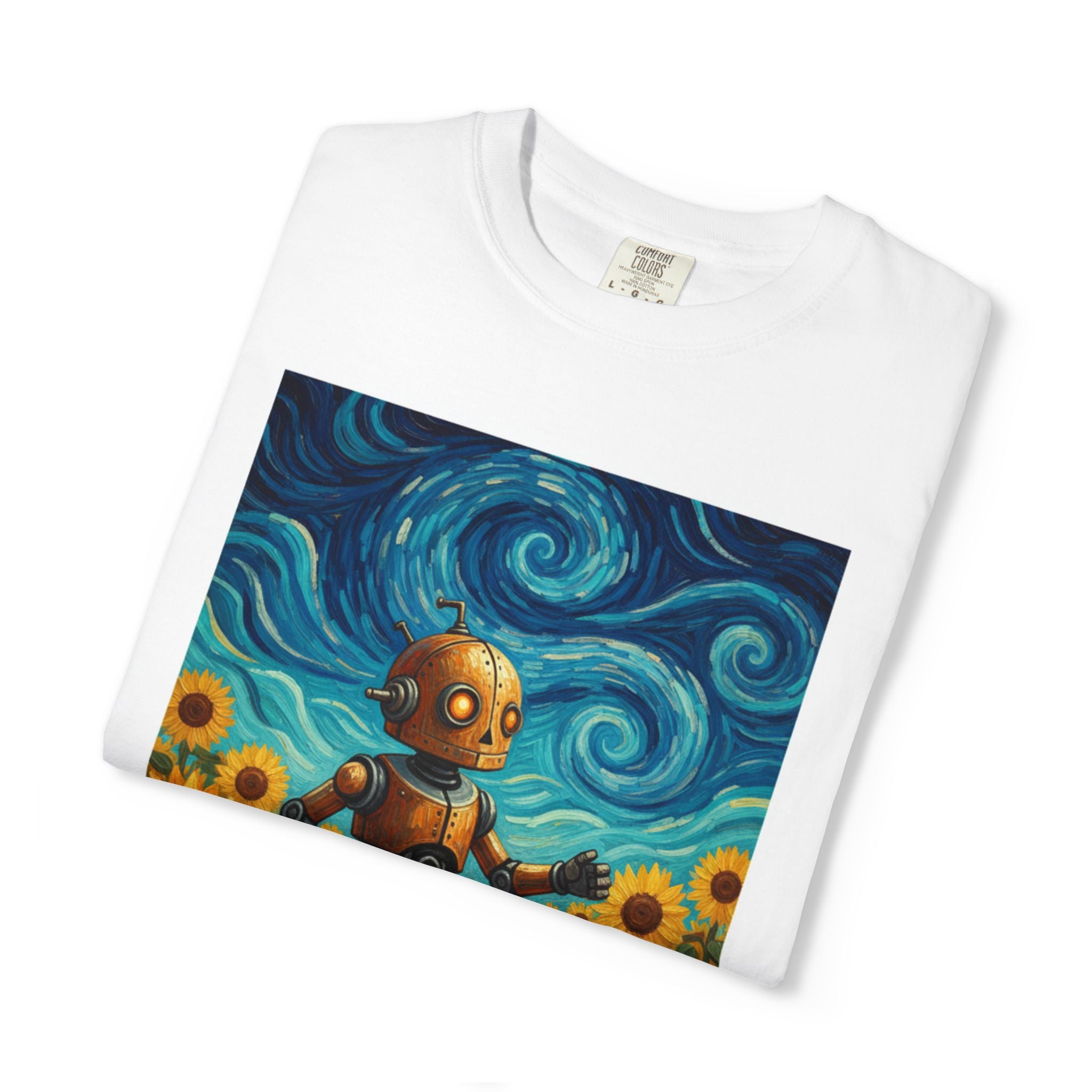 Robot in Sunflowers T-Shirt — Whimsical Vintage Robot Unicycle Art Tee