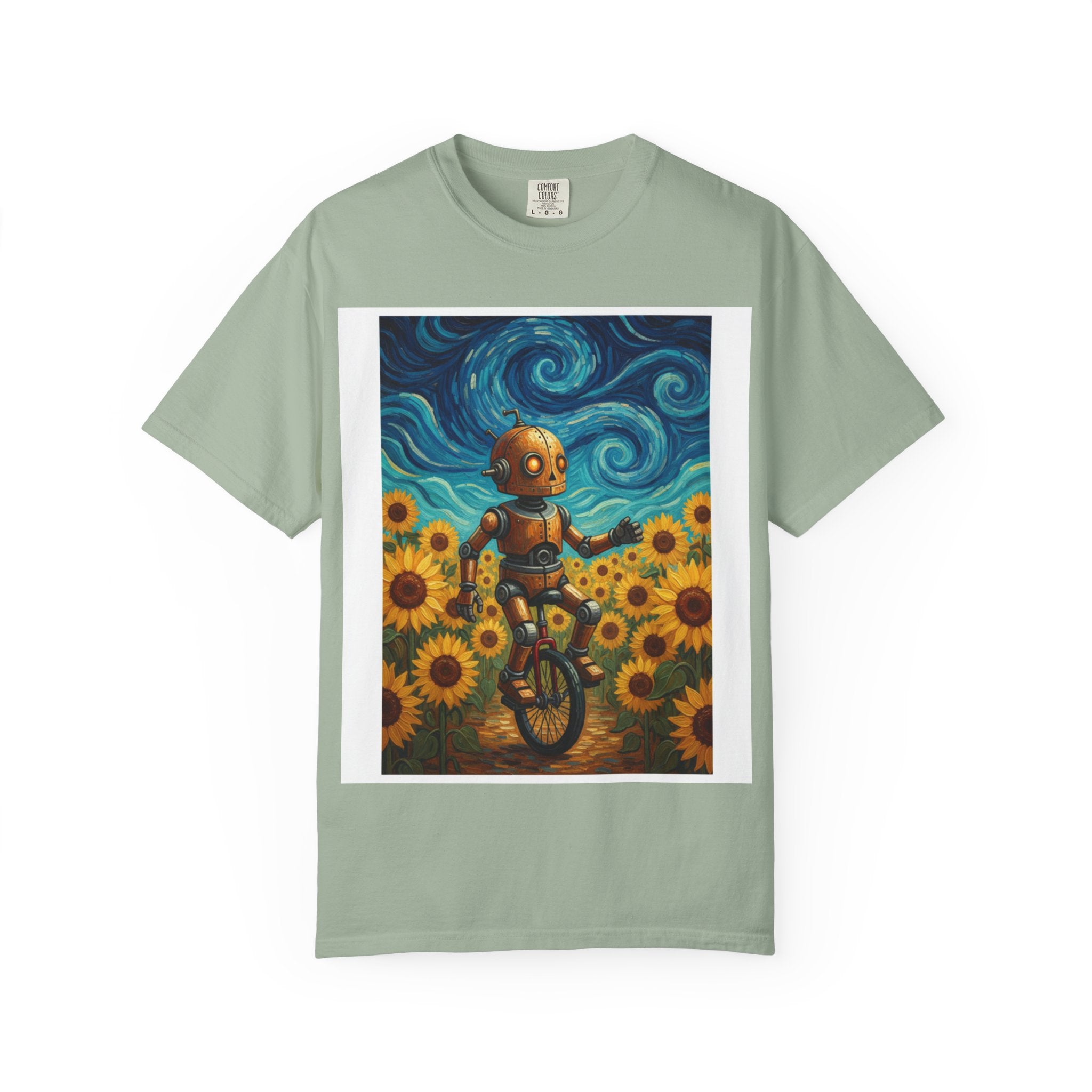Robot in Sunflowers T-Shirt — Whimsical Vintage Robot Unicycle Art Tee