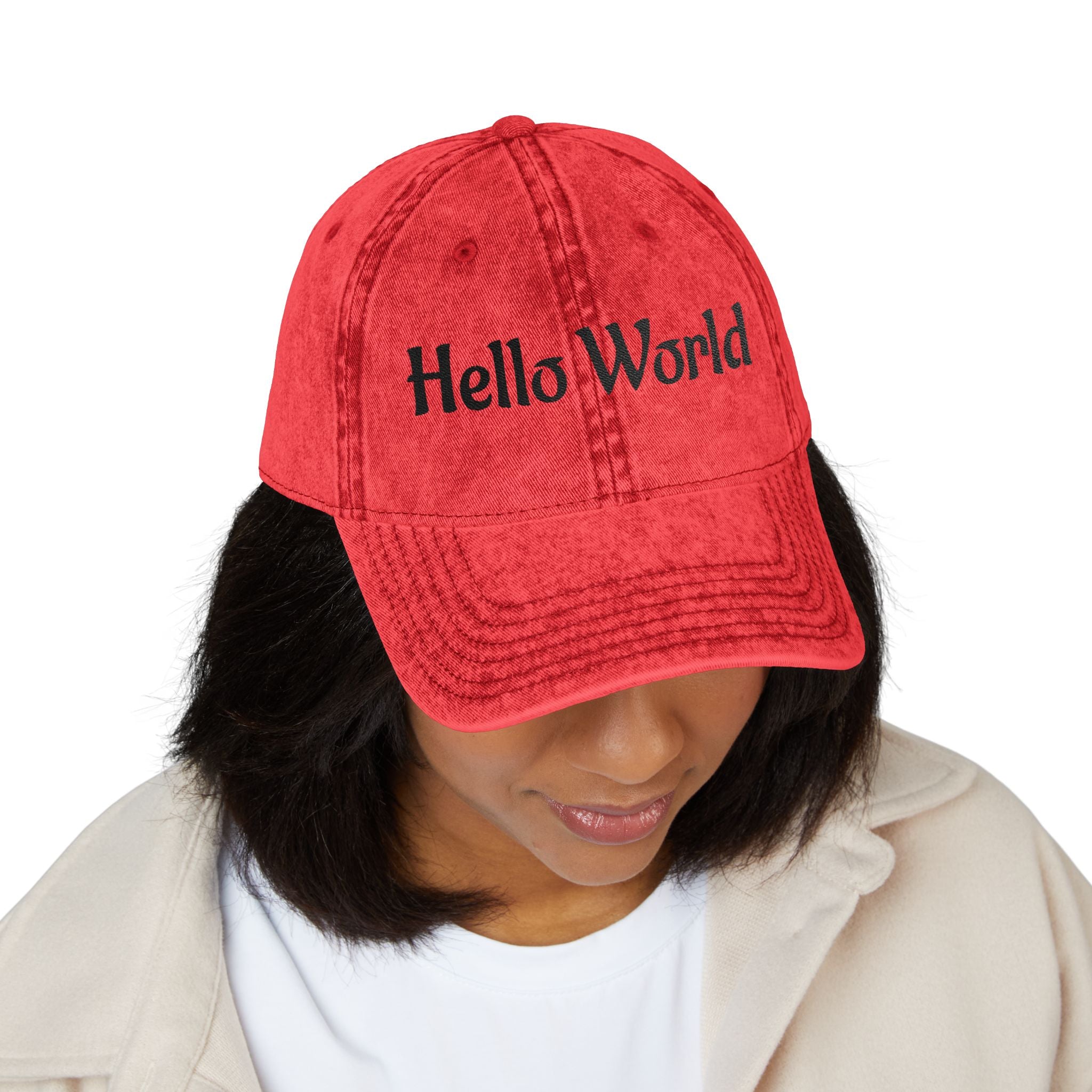 Hello World Vintage Embroidered Cap — Retro Red Baseball Hat