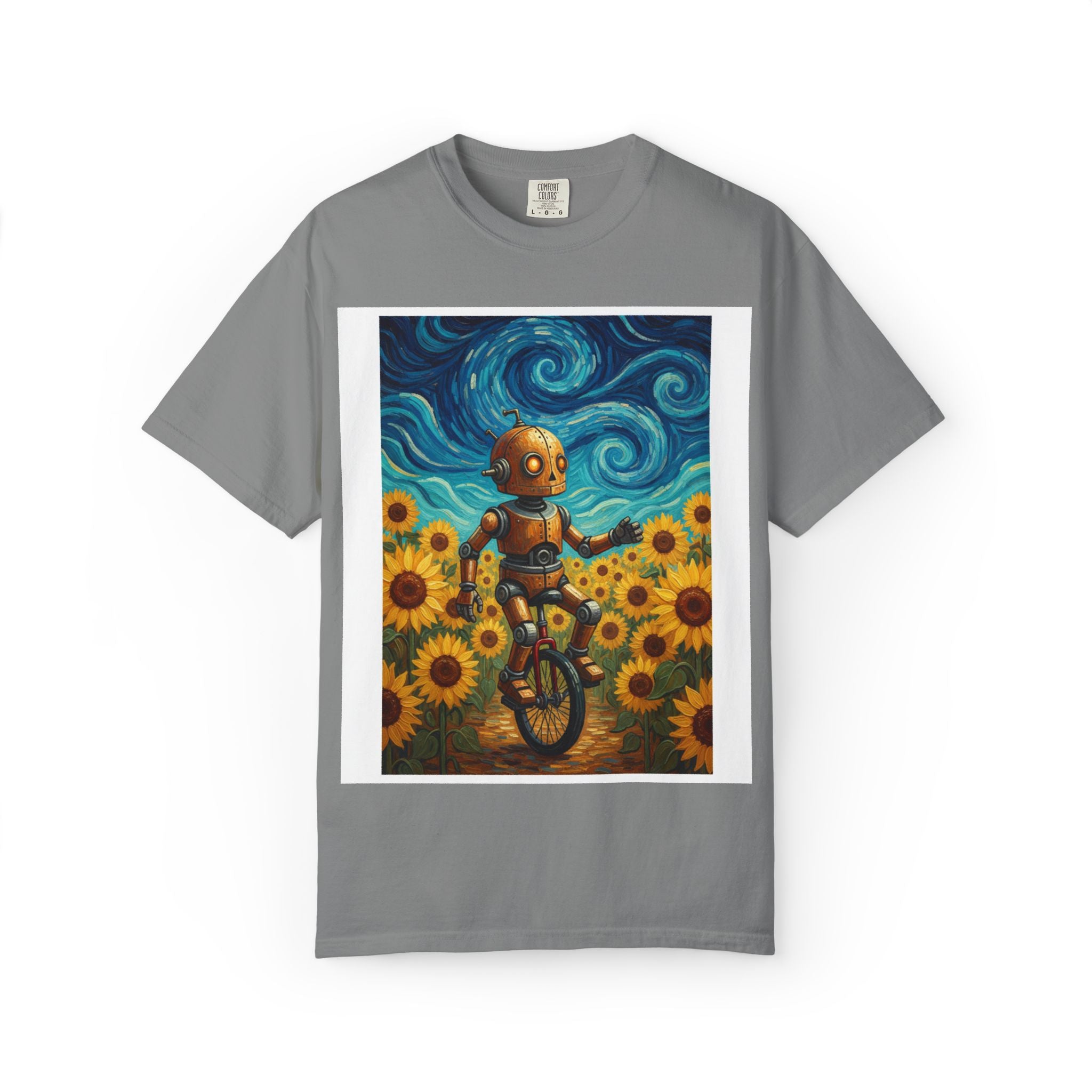 Robot in Sunflowers T-Shirt — Whimsical Vintage Robot Unicycle Art Tee