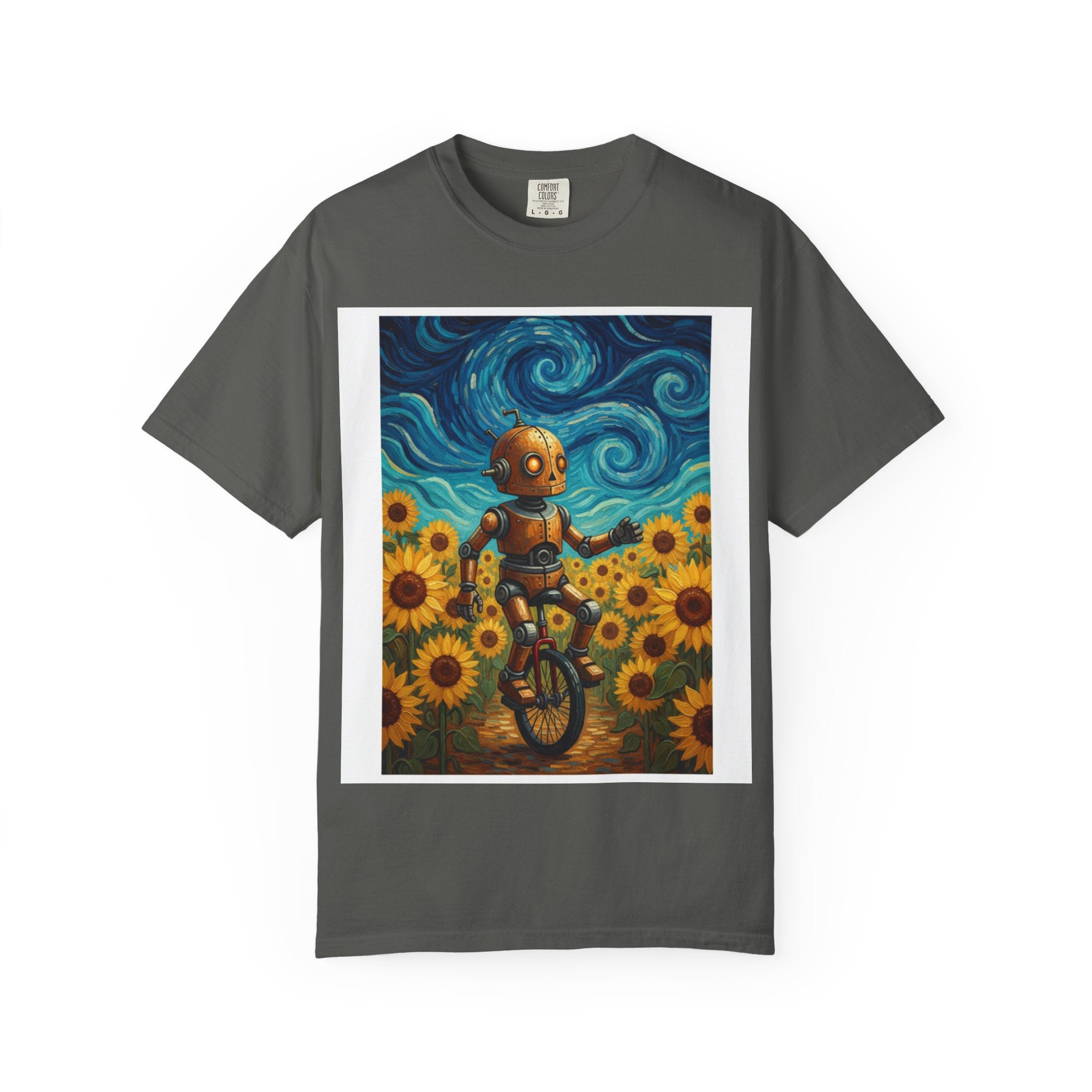 Robot in Sunflowers T-Shirt — Whimsical Vintage Robot Unicycle Art Tee