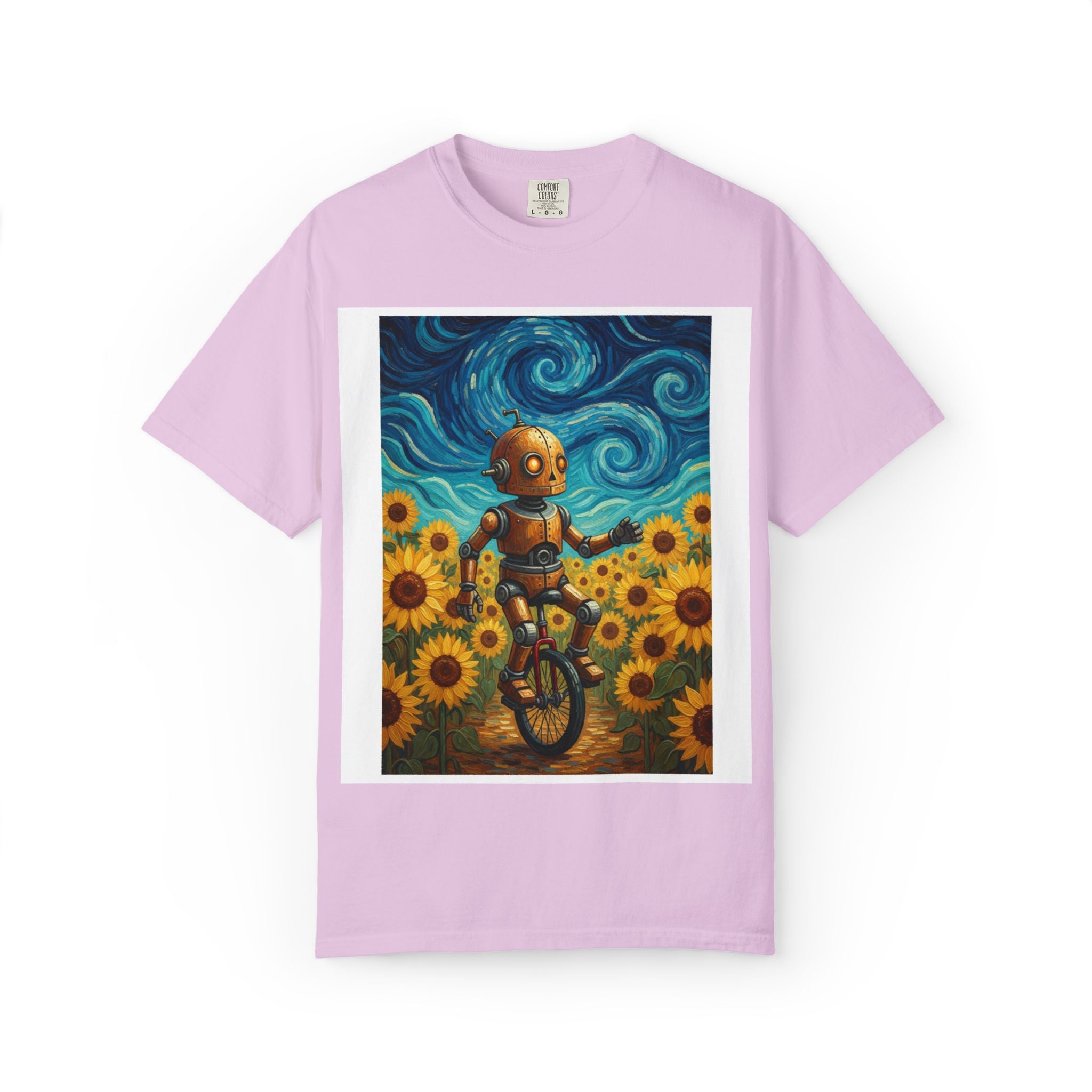 Robot in Sunflowers T-Shirt — Whimsical Vintage Robot Unicycle Art Tee