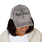 Hello World Vintage Embroidered Cap — Retro Red Baseball Hat