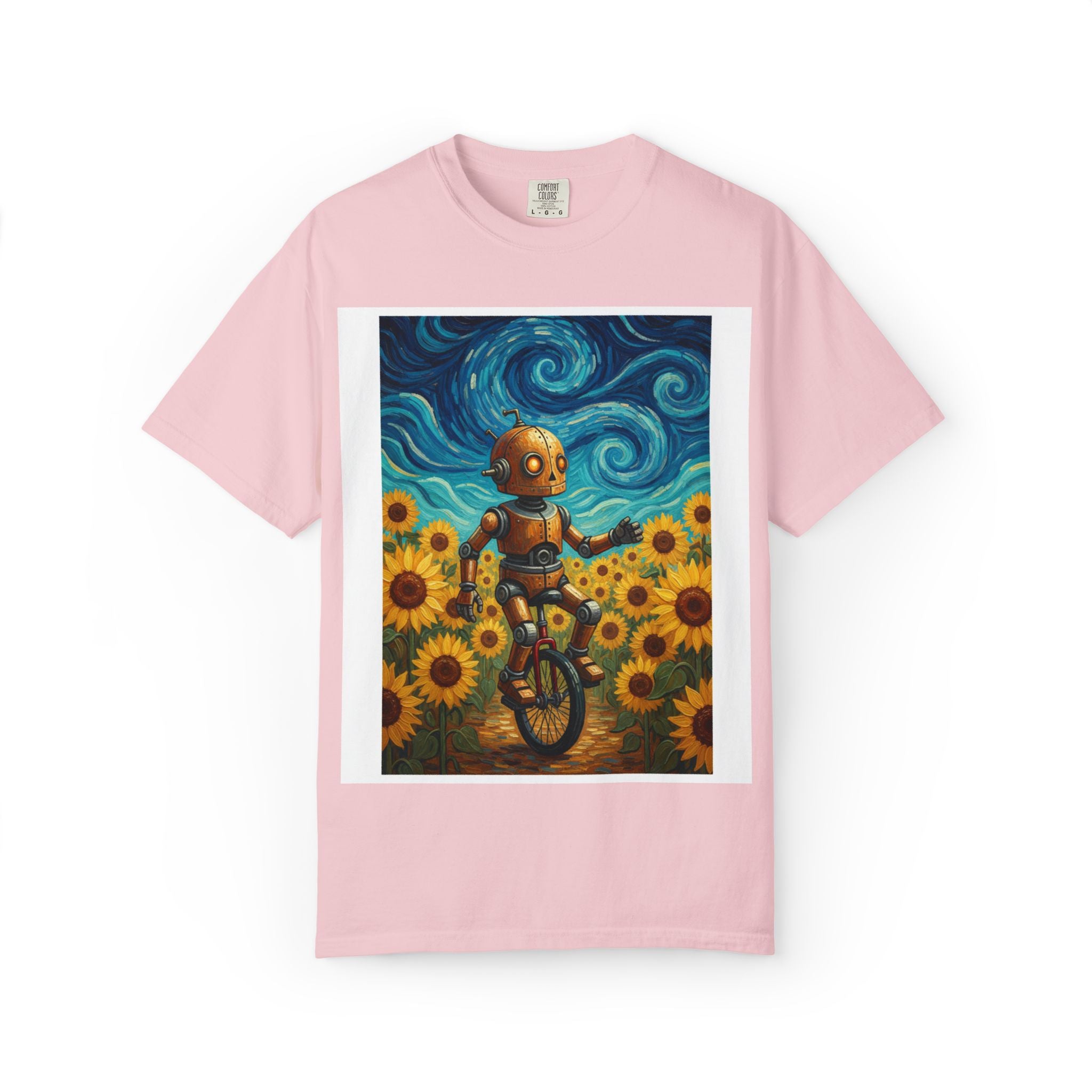 Robot in Sunflowers T-Shirt — Whimsical Vintage Robot Unicycle Art Tee