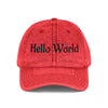 Hello World Vintage Embroidered Cap — Retro Red Baseball Hat