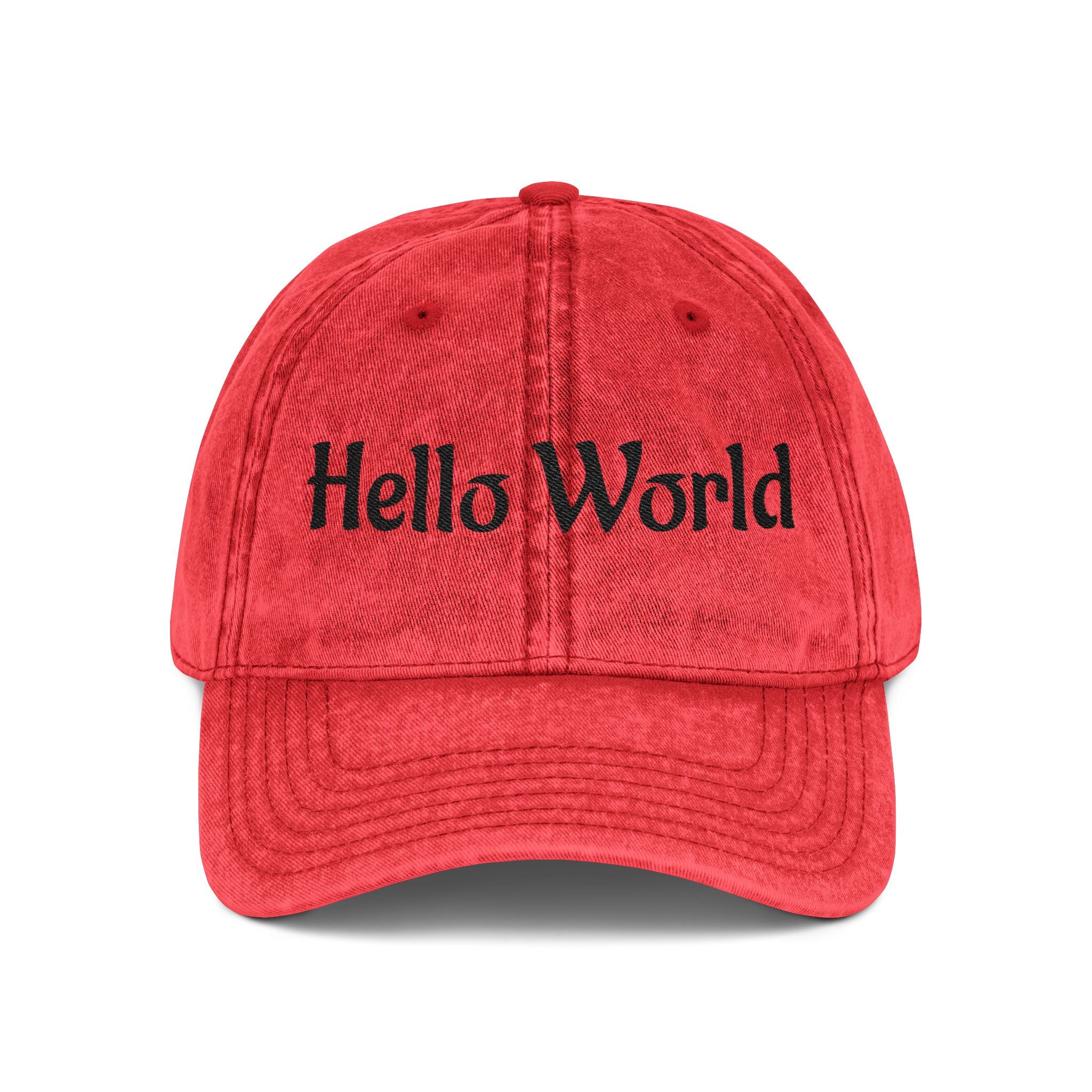 Hello World Vintage Embroidered Cap — Retro Red Baseball Hat