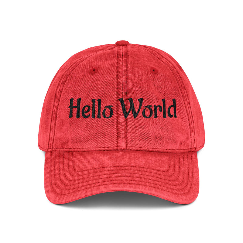 Hello World Vintage Embroidered Cap — Retro Red Baseball Hat